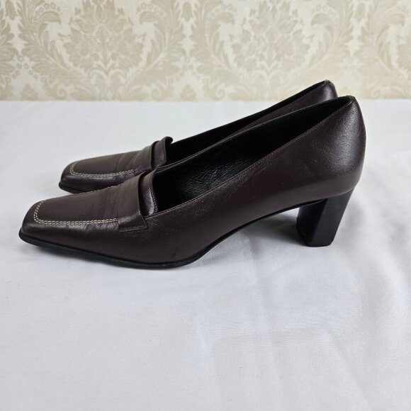 Renzo Fontanelli Firenze Size 7.5 Brown Leather Slip On Heeled Shoes Square Toe - Picture 3 of 14